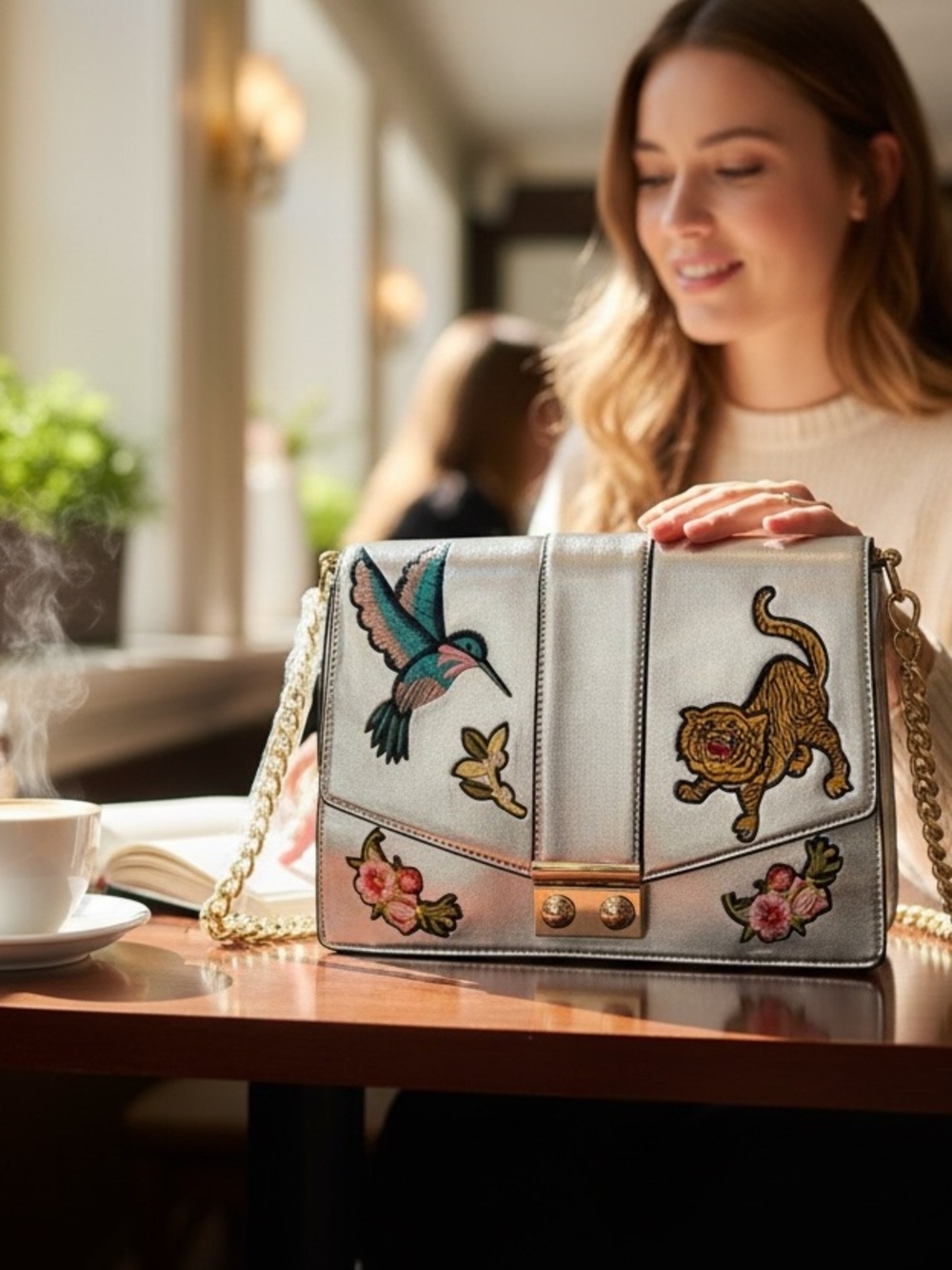 ASOS Embroidered Silver Chain Strap Bag